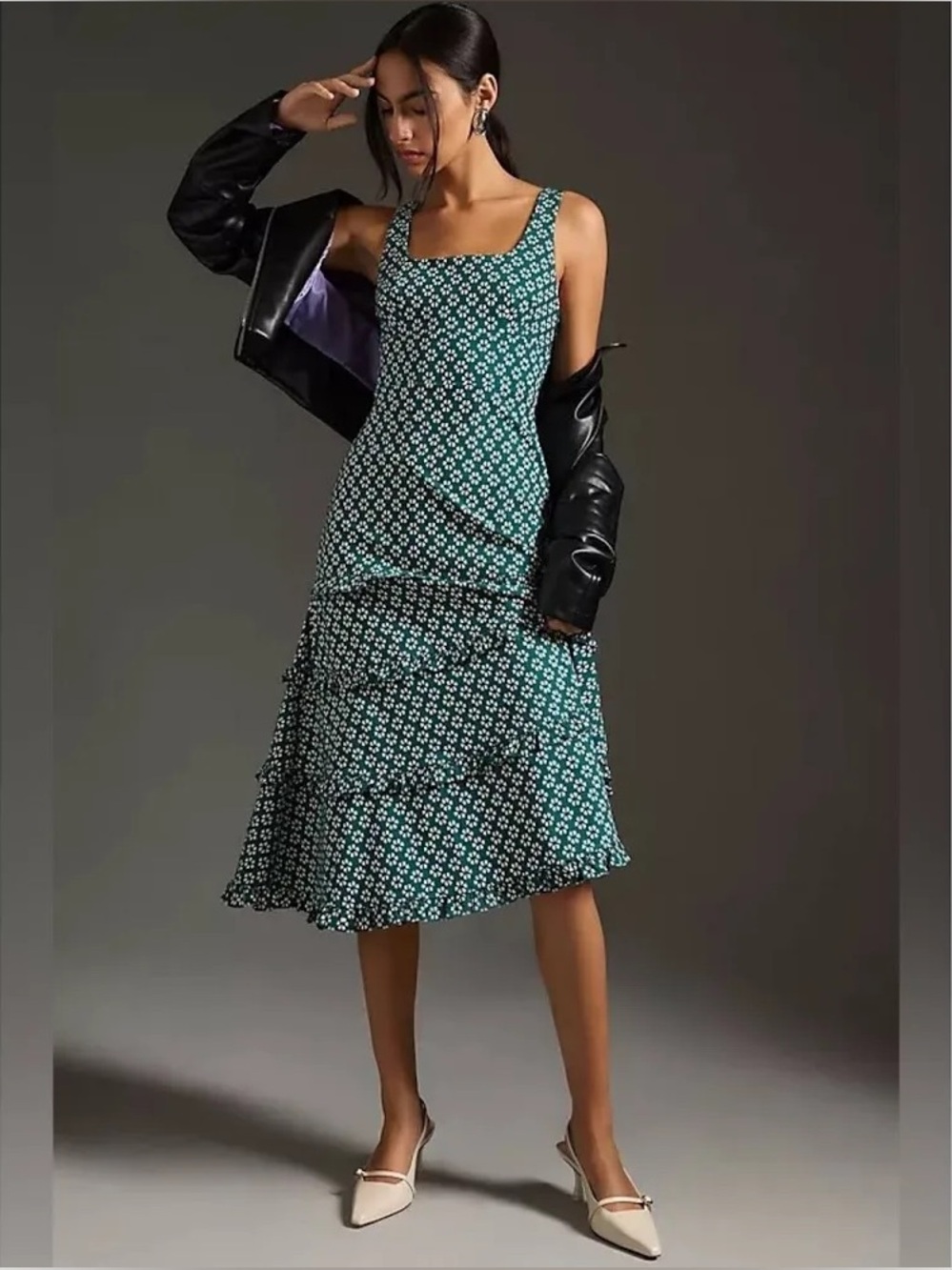 By Anthropologie Blythe Floral Tiered Midi Dress Green Large Square Neck - Picture 1 of 9